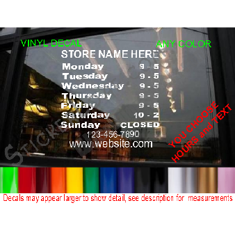 CUSTOM HOURS StoreFront Window Decal Business Shop Image