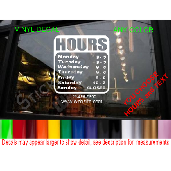 CUSTOM HOURS StoreFront Window Decal Business Shop Image