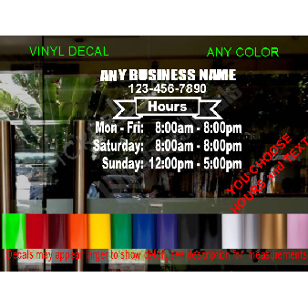 CUSTOM HOURS StoreFront Window Decal Business Shop Image